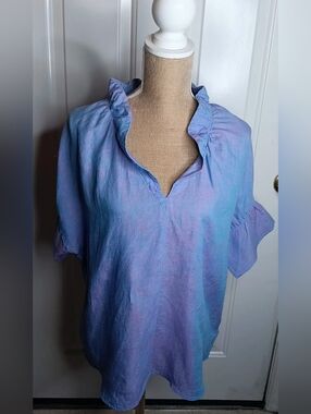 Finley Blue Lavender Washed Ruffle V-Neck Blouse Oversize Small